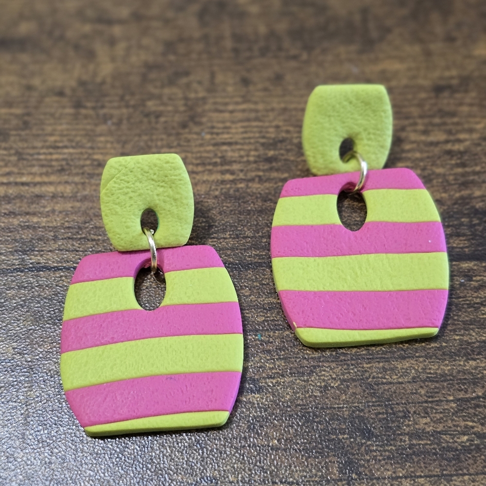Pink and Lime Green Striped Polymer Clay  Handmade Earrings